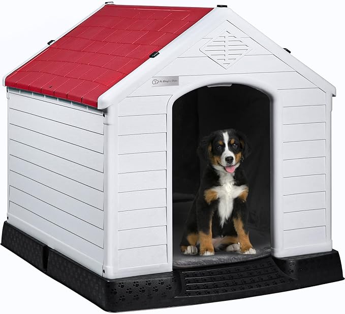 LEMBERI Durable Waterproof Plastic Dog House for Small to Large Sized Dogs, Indoor Outdoor Doghouse Insulated Puppy Shelter with Elevated Floor, Easy to Assemble (Red with Liner, 42''L*38''W*39''H)