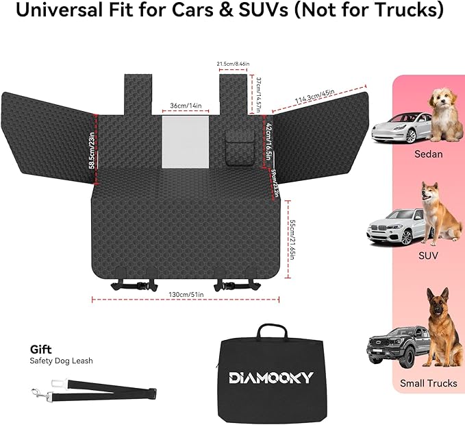 Dog Car Seat Cover for Back Seat, Waterproof Back Seat Extender for Dogs w/Door & Headrest Protector, Hard Bottom Pet Bed Hammock Holds 420lbs, for Cars SUVs Small Trucks(Not for 3-row seats)