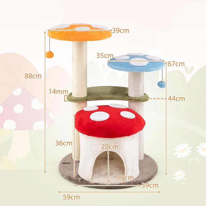 PETSITE Mushroom Cat Tree, Multi-Level Cute Cat Tree Tower with Sisal Scratching Posts, Cat Condo, Soft Plush Perches, and Dangling Toys for Indoor Cats (35 Inch)
