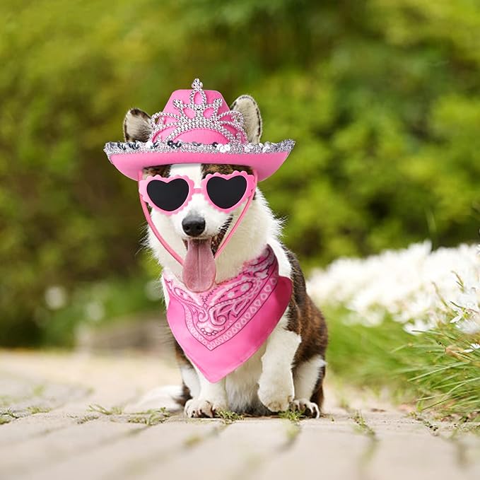 Yewong Pet Pink Cowboy Hat Costume Accessory Set Dog Cat Size Pink Cowgirl Princess Hat with Crown Tiara Bandana/Scarf Sunglasses for Cat Puppy Western Costume Daily Wearing Photo Props