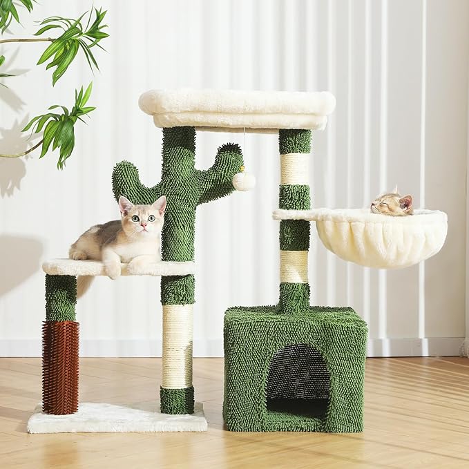 Hoopet 32-Inch Small Cat Tree for Indoor Cats, Cactus Cat Tower with Sisal Scratching Posts, Cozy Condo, Plush Perch, and Hanging Ball, Ideal for Kittens & Small Cats