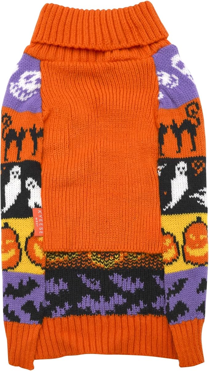 KYEESE Halloween Dog Sweater for Small Dogs Cute Pumpkin and Ghost Pattern Turtleneck Knitwear with Leash Hole Warm and Soft Dog Apparel Cozy Holiday Pet Outfit Comfortable Puppy Clothes, Small