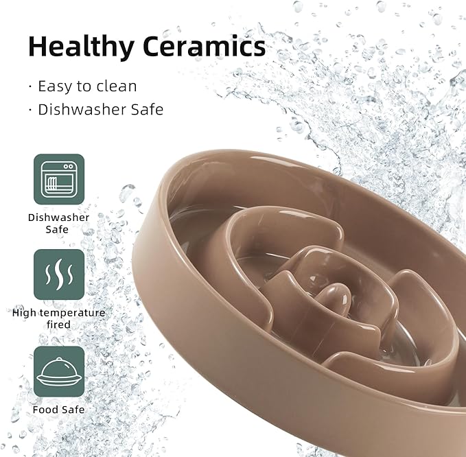 Ceramic Raised Slow Feeder Dog Bowl Set, Elevated 7.3inch Bowl and 8.2inch Puzzle Slow Dish with Wooden Stand for Medium and Large Dog, Anti-Gulping (2X Brown Coffee+ Stand)