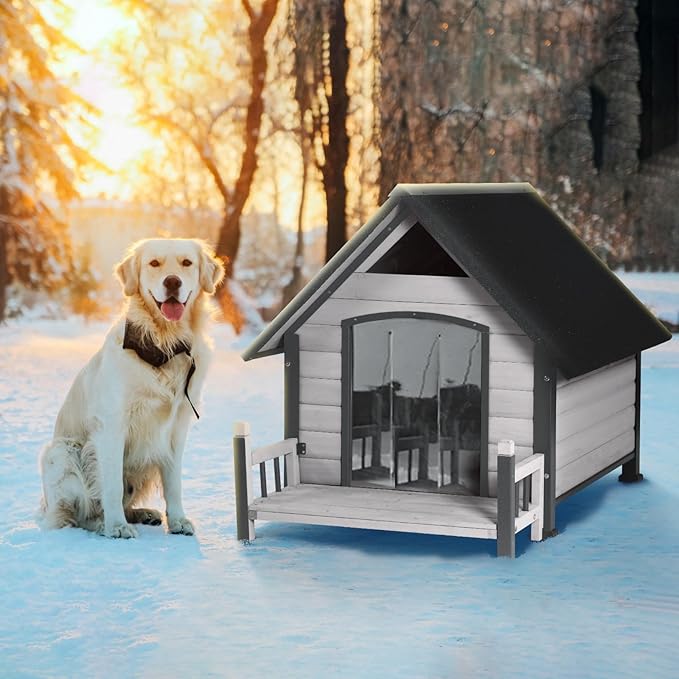 Dog House with Insulated Liner, Waterproof Dog Kennel for Small to Medium Size Dogs, Outdoor Doghouse 100% Insulated Puppy Shelter with Elevated Floor for Winter (White, Medium)