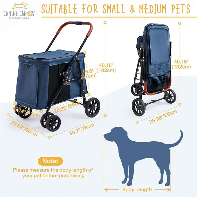 Scout 4 Wheels Pet Stroller for Small/Medium Dogs- One Button Fold, Adjustable Mesh Windows and Shades, 360° Swivel Front Wheels and Rear Wheel Brake, Navy Blue