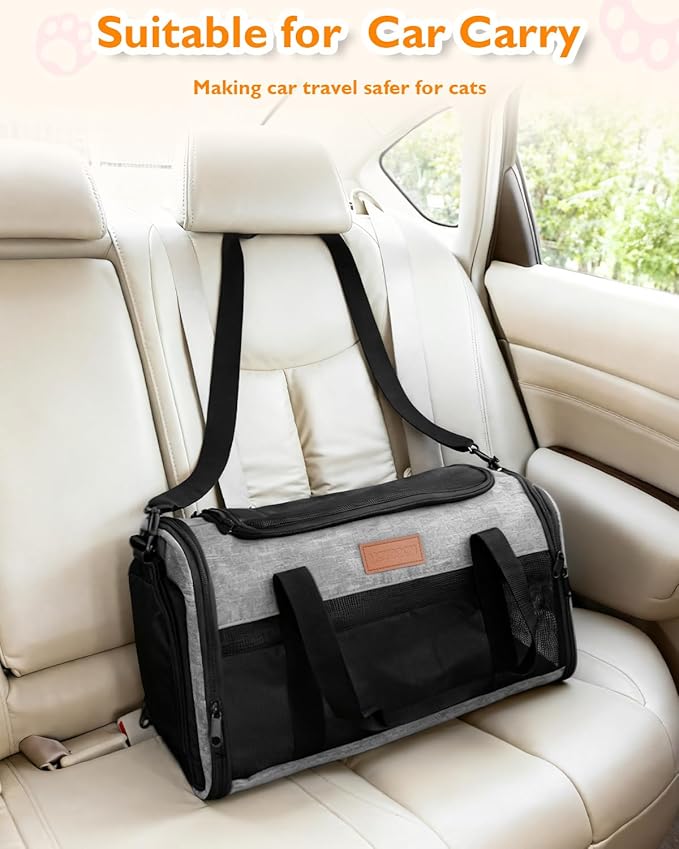 PETUX TSA Approved Pet Carrier in Cabin - 17"x11"x9.5", Underseat, Soft Sided Cat Carriers with Safety Zippers and Anti-Scratch Mesh for Small Cat up to 12 lb, Ideal for Travel and Vet Visit, Grey