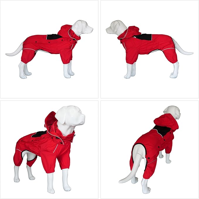LOVELONGLONG Waterproof Dog Raincoat with Removable Hood – Outdoor Full Body Dog Jacket, Windproof Snowproof Shell Suit – All Season Pet Rain Gear Red 3XL