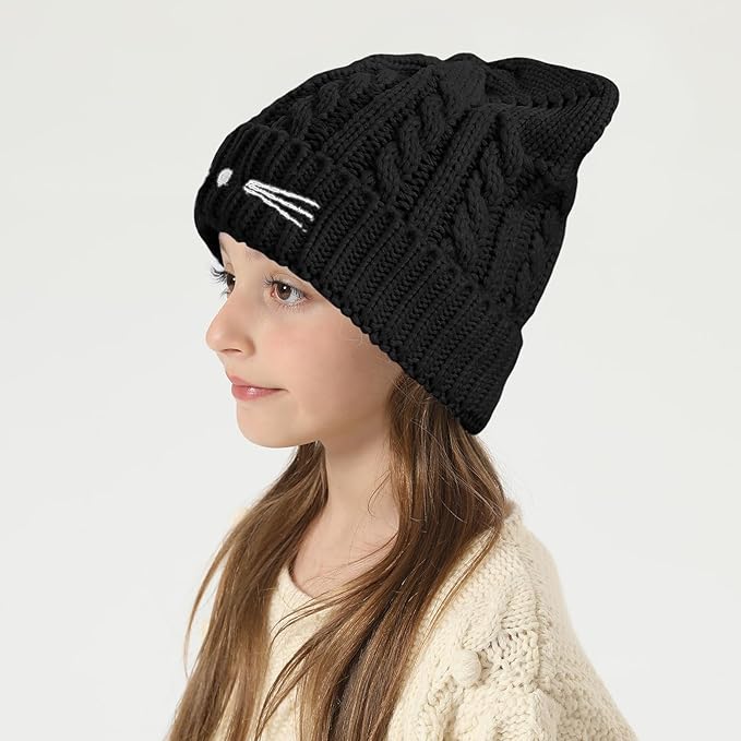 Kids Girls Cat Ear Hat Winter Warm Knit Beanie Cute Ski Skull Cap for Ages 7-12