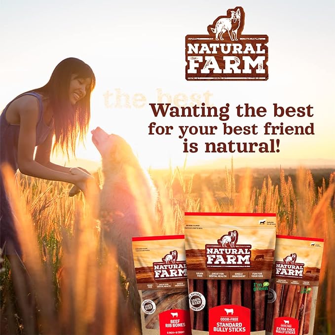 Natural Farm Odor-Free Super Braided Collagen Dog Chews (6-Inch, 5-Pack) First Ever Real Bull Sticks Alternative, 100% Natural Angus Hide Collagen Treats- More Protein More Chew Time for All Dogs