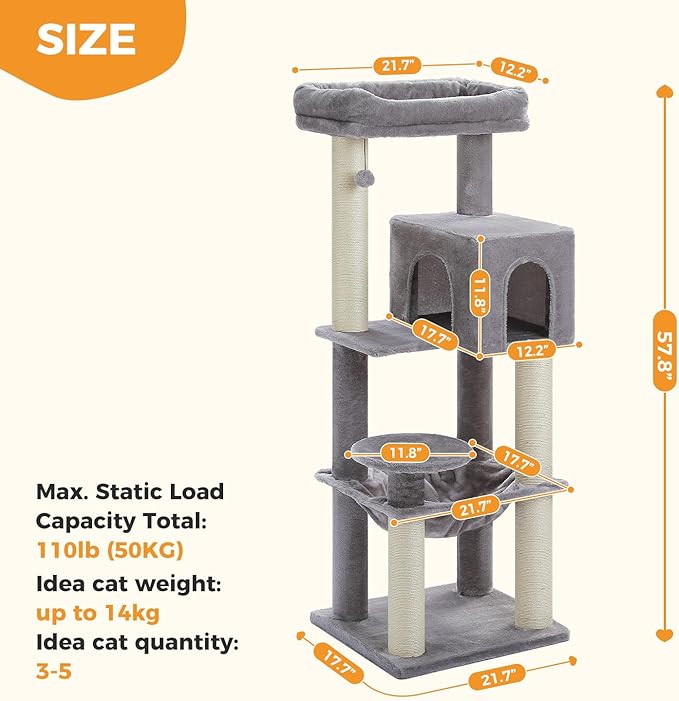 Large Cat Tree for Indoor Cats Large Adult, 57.8" Heavy Duty Cat Tower with 4 Reinforced Scratching Posts (φ3.7in) and Plush Larger Hammock for Maine Coon & Big Cats, Supports 30lbs, Grey