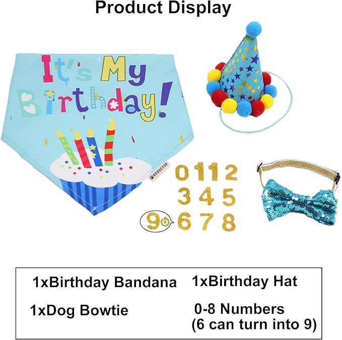 ADOGGYGO Dog Birthday Bandana Scarf and Blue Boy Puppy Birthday Party Hat with Cute Bow Tie for Small Dog Cat (Small)