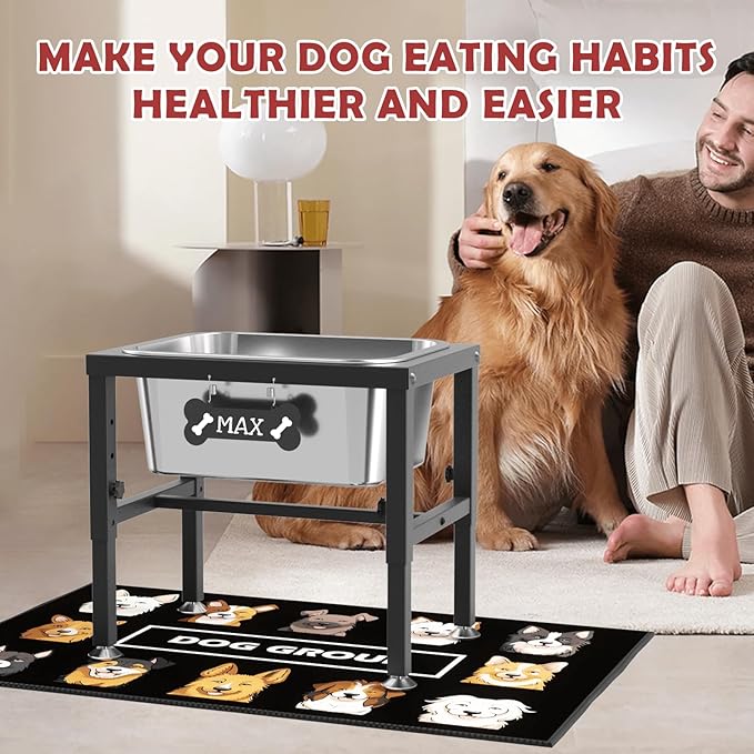 2.8 Gallon Elevated Large Dog Water Bowl, ADENGL 4-Height Adjustable (9.4–14.2'') Raised Stainless Steel Bowl, Dog Bowls Elevated with Spill-Proof Mat & Sturdy Metal Stand for Indoor/Outdoor Use