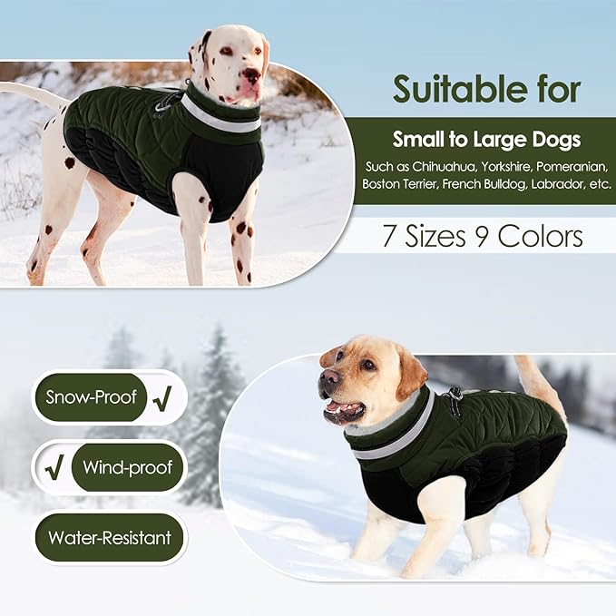 AOFITEE Dog Coat, Warm Dog Jacket, Reflective Winter Coats for Medium Dogs, Turtleneck Dogs Winter Jacket with Harness Built in, Waterproof Windproof Pet Fleece Vest Puffer Jacket, Green M