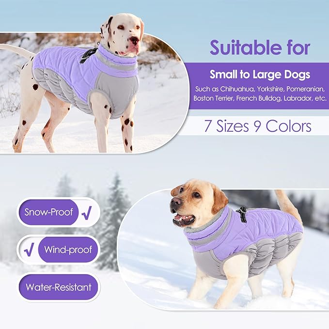AOFITEE Dog Coat, Warm Dog Winter Coat, Reflective Cold Weather Dogs Puffer Jacket with Harness Built in, Waterproof Pet Fleece Vest Snowsuit for Small Medium Large Dogs, Lilac L