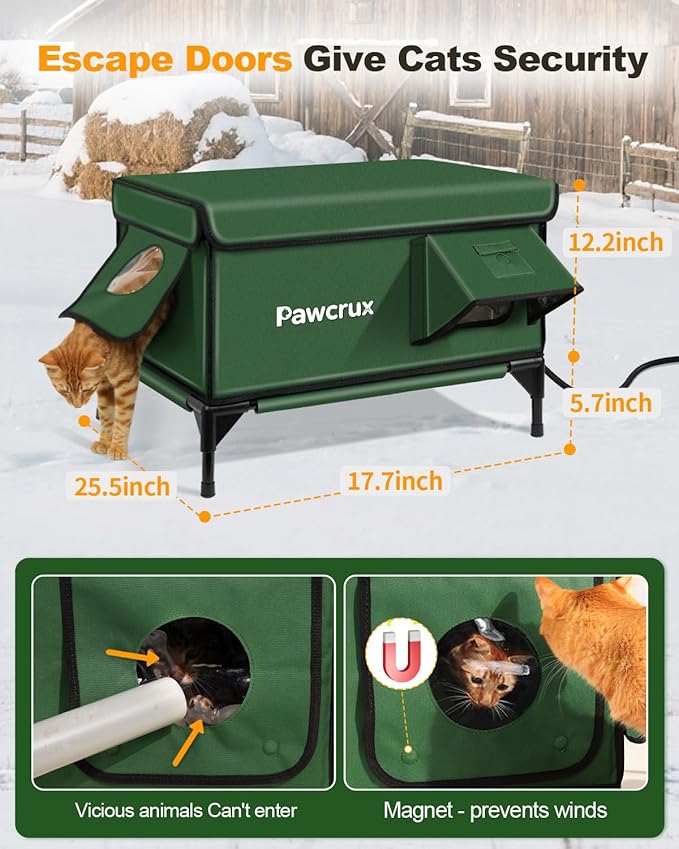 Weatherproof Heated Cat House for Outdoor in Winter, Heated Cat Bed Kitty Shelter with Cat Heating Pad, Insulated & Safe Escape Door, Warm House for Outside Stray Cat(Green, 17"x25"x17")