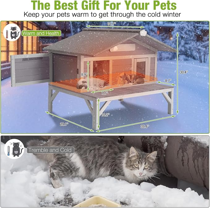 GUTINNEEN Heated Cat House for Outside Outdoor Cat House Insulated with Heated Pad, Insulated Liner, Large Wooden Shelter with Large Porch and Two Escape Doors for Multiple Cats, Grey
