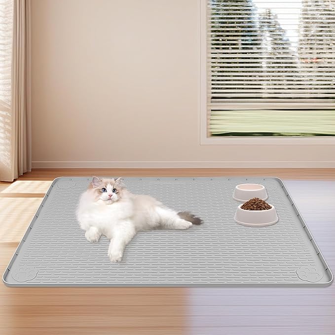 Dog Food Mat, Extra Large 40" x 28" Silicone Pet Feeding Mat for Small, Medium, and Large Pets Non-Slip, Easy to Clean, Gray