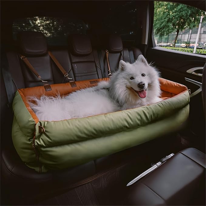 FUNNYFUZZY Dog Car Seat for Small Dogs, Waterproof Dog Car Bed with Storage Pocket, Safety Clip-On Dogs Leash, Detachable Portable Pet Carseat (Green, 37.4 * 16.5 * 17.7 inches)