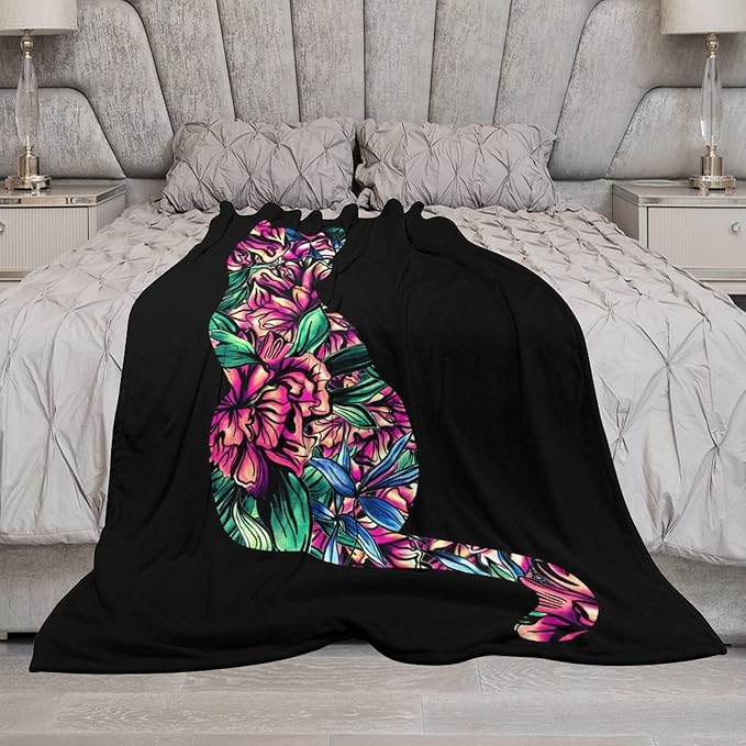 Cat Blanket Gifts - 60"x80" Cute Throw Blanket for Adults Kids - Black Soft Plush Throws for Bed, Couch & Travel