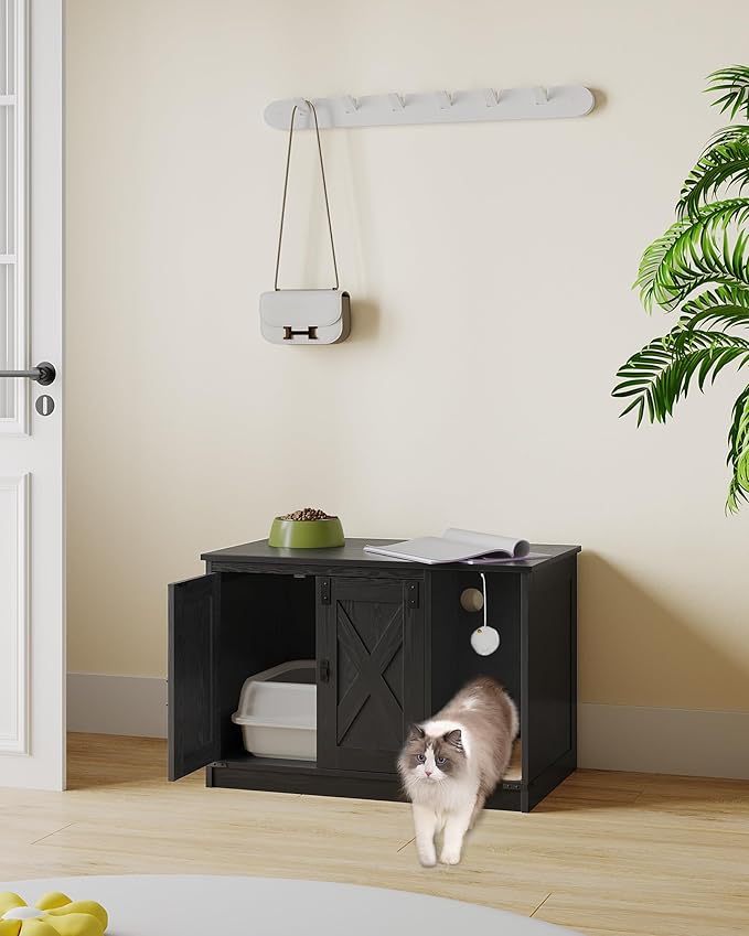 Cat Litter Box Enclosure, Hidden Litter Box Cabinet Furniture with Bell, Indoor Cat House, Farmhouse Style, 31.5 x 19.7 x 20.9Inches, for Hallway, Bedroom, Black CB82404X