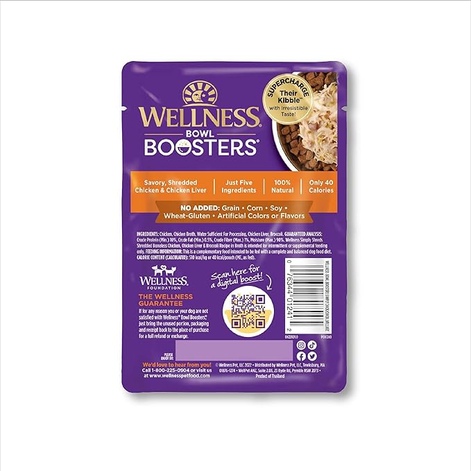 Wellness Bowl Boosters Simply Shreds Wet Dog Food Topper for Small, Medium, & Large Breeds, Grain Free, Natural, Chicken Liver & Broccoli, 2.8 Ounce Pouch (Pack of 12)