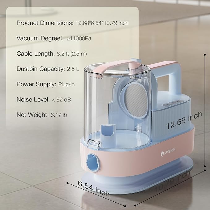 Dog Grooming Vacuum Kit with Clippers, 7-in-1 Pet Hair Grooming Set for Dogs, Hair Dryer with 3 Heat Settings, 11000Pa Suction, 2.5L Dustbin(Powder Blue & Pink)