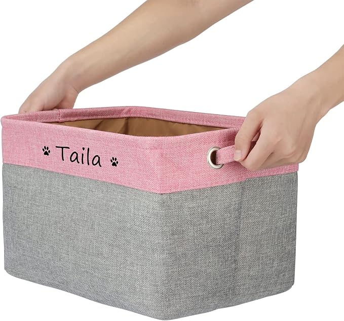 Personalized Dog Toy Bin , Foldable Dog Toy Basket Storage with Handles , Customized Name and Paw Print Pet Toy Box for Organizing Food Clothes Blanket and Pets Accessories(Coffee)