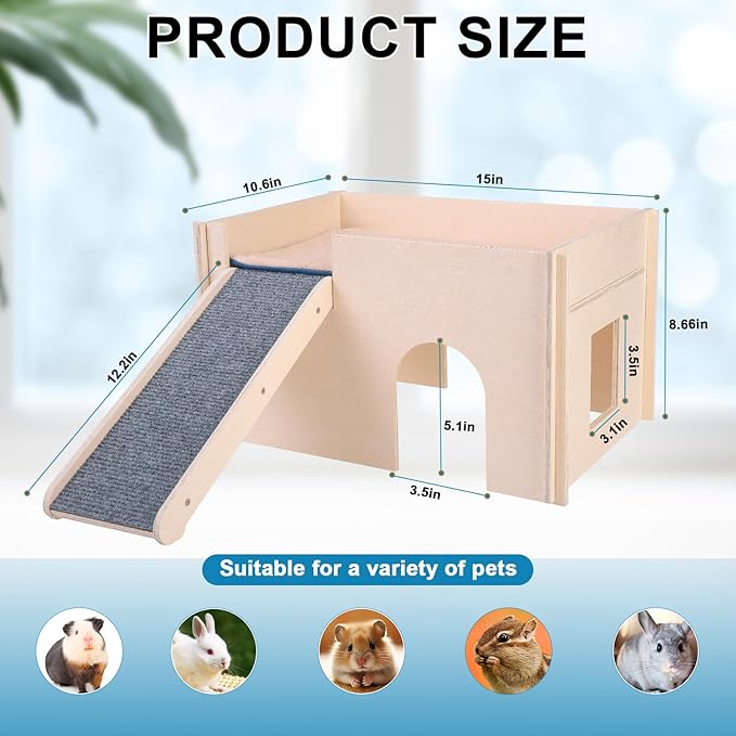 PAWCHIE Wooden Guinea Pig Hideout with Pee Pad Set, Detachable Small Animal House Bed Hut Habitats with Stairs and Windows, Bunny Hideout Castle for Indoor Hamsters Chinchilla Gerbil Playing Hiding