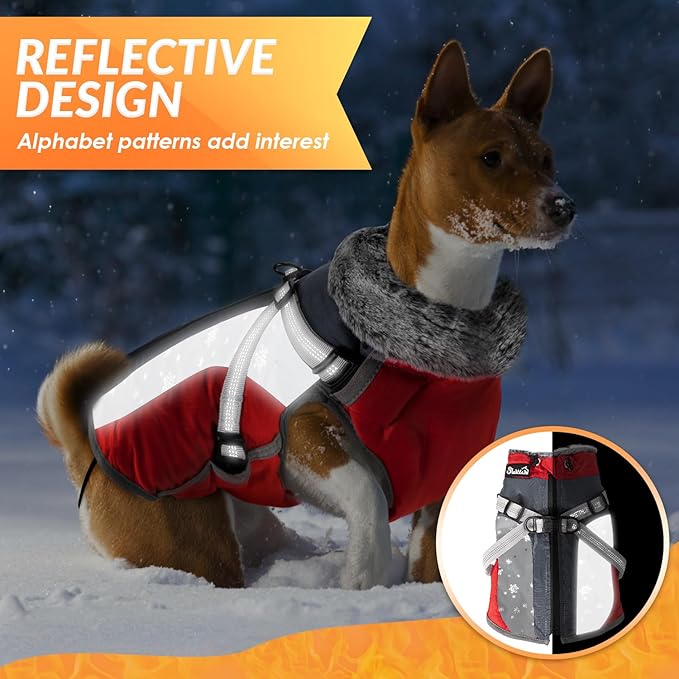 SlowTon Dog Jacket with Harness Built in - Waterproof Fleece Winter Warm Dog Coats for Small Medium Dogs, Reflective Adjustable Furry Puppy Vest Clothes for Outdoor Walking (R, L)