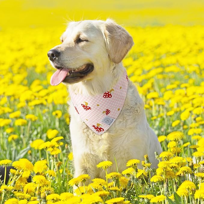 E-Clover Pink Buffalo Plaid Dog Bandanas & Matching Scrunchie Set Cute Dog Scarf Bibs Girl Pet Bandana with Bow Tie for Medium Large Dogs Owner Mom