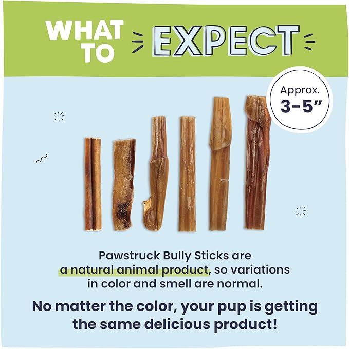 Pawstruck Natural 3–5" Bully Sticks for Small Dogs and Puppies – Single Ingredient, Low-Odor, Rawhide-Free Chew Treat – 100% Real Beef, No Artificial Preservatives – 8 oz Bag – Packaging May Vary