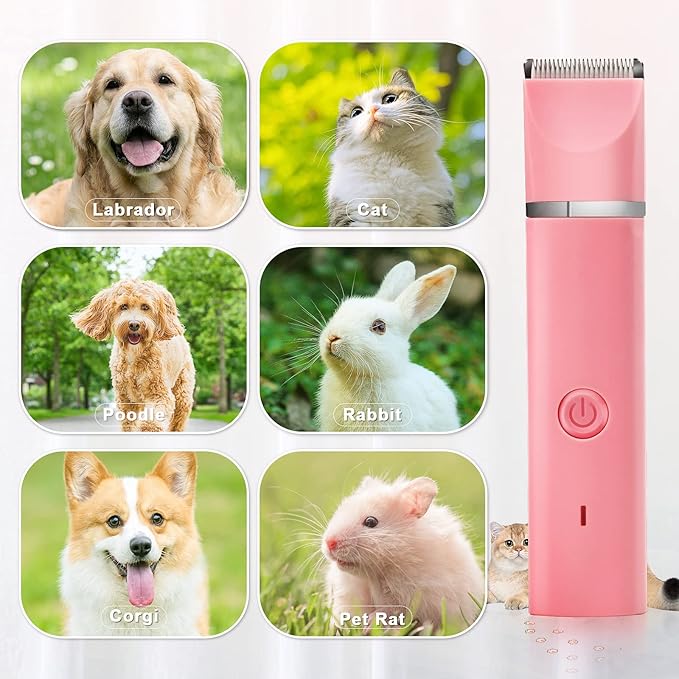 Dog Grooming Clippers Kit-Electric Rechargeable Cat Trimmer Tools-Cordless Quiet Pet Nail Paw Grinder-4 in 1 Multifunctional Low Noise Shaver-Razor for feet Face Ears Toenail Eye(Pink)