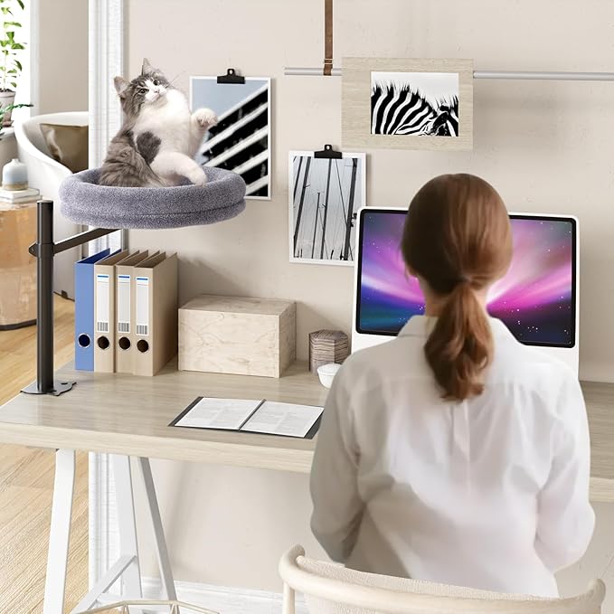 Cat Desk Bed Desktop Large Nest-Sturdy Dual Clamps Supports Up to 50 lbs,360° Adjustable Desktop Cat Perch with Soft Faux Fur Cover,Elevating Hammock for Home Office