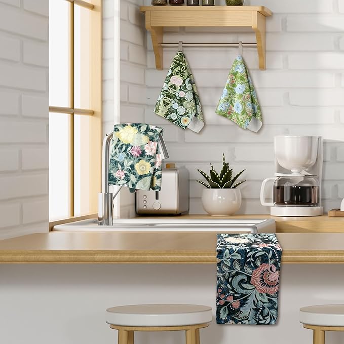 TecUnite 6 Pcs Vintage Floral Kitchen Towels Set Retro Flower Tea Towels Absorbent Dish Towels Decorative Colorful Hand Towel for Cleaning Drying Wiping Task Women Mom Housewarming Gifts Decor