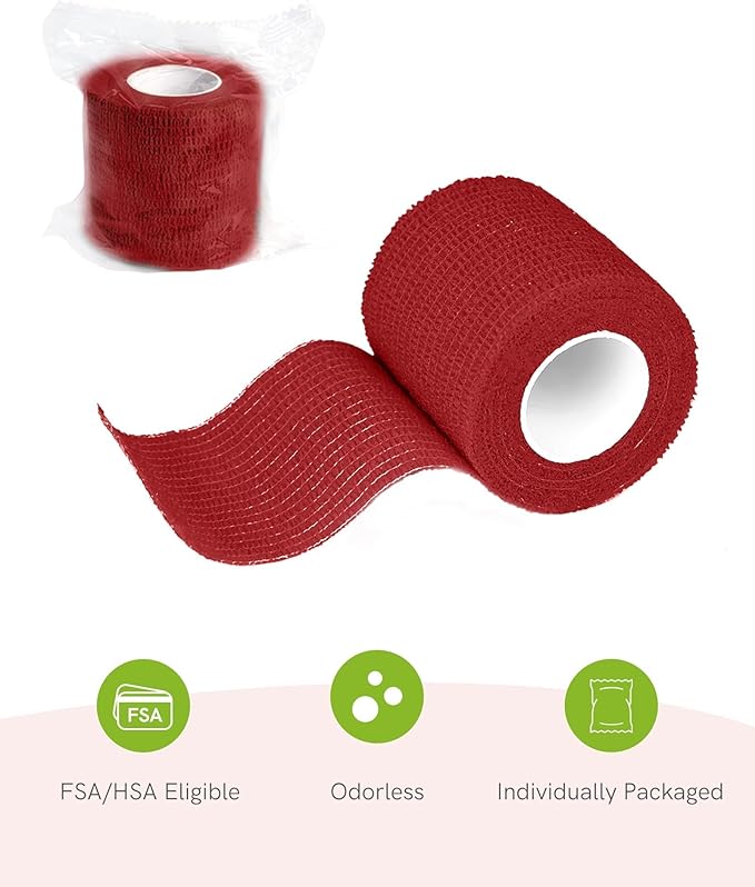 FriCARE Self Adhesive Bandage Wrap, Medical Tape in First Aid Kit, Cohesive Bandages for Wounds Sport Vet, FSA/HSA Eligible, 2 Inches X 5 Yards 6 Rolls, Burgundy