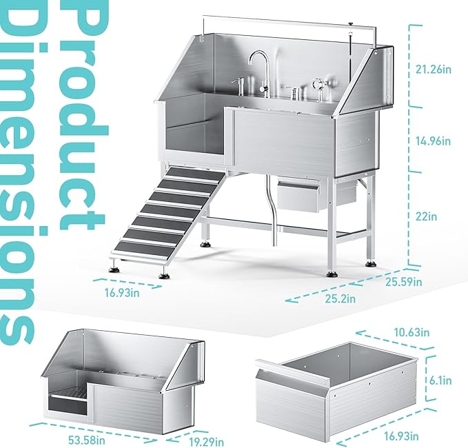 Professional 56" Dog Washing Station, 304 Stainless Steel Dog Bathing Station, Height Adjustable Dog Grooming Tub w/Ramp, Storage Drawer, Dog Bathtub for Large, Medium&Small Dogs (Left Ramp)