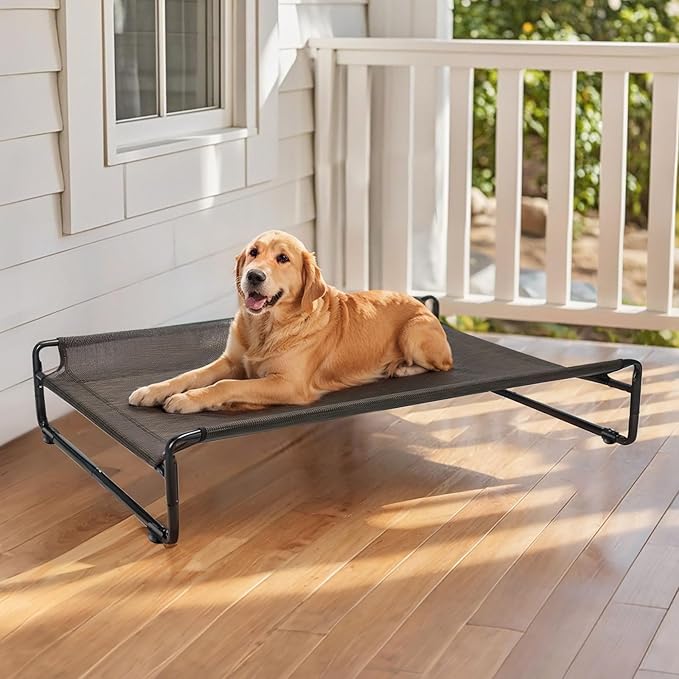 Veehoo Original Outdoor Elevated Dog Bed, Cooling Raised Dog Cot for Large Dogs, Portable Standing Pet Hammock Platform with Washable Breathable Mesh, No-Slip Feet, Large, Brown, CWC2201