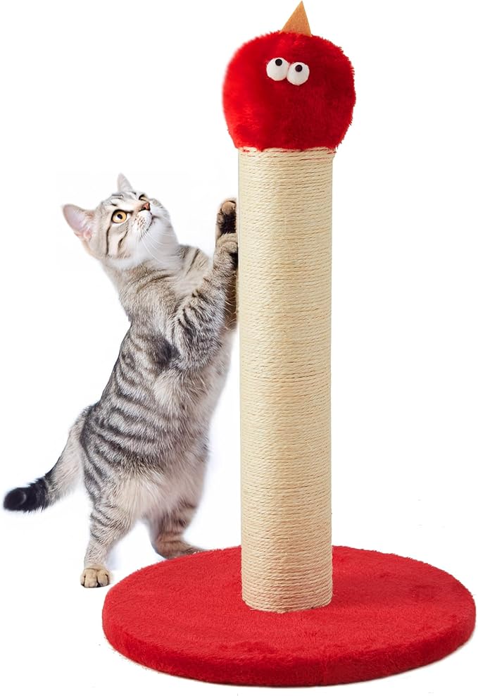 22" Cat Scratching Post, Sisal Cat Scratcher with Interactive Hanging Toy, Monster Scratch Pole for Indoor Cats, Cute Cat Scratch Post for Kittens & Large Cats, Red