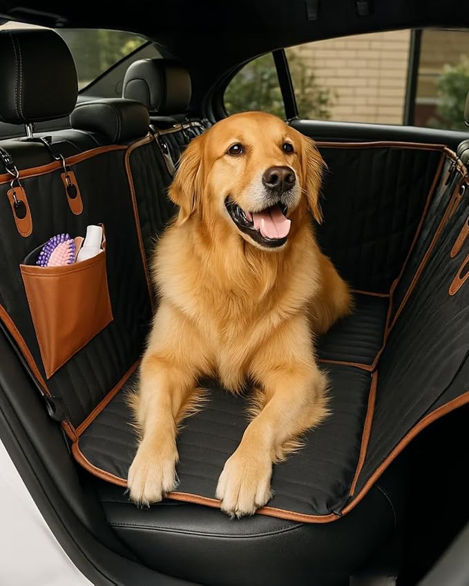 Owleys Hard Bottom Pet Seat Cover for Back Seat – Heavy Duty Waterproof Dog Hammock Bed –Travel Protector for SUVs, Sedans & Trucks – Foldable Design - 2 Pockets – Mesh Ventilation Windows