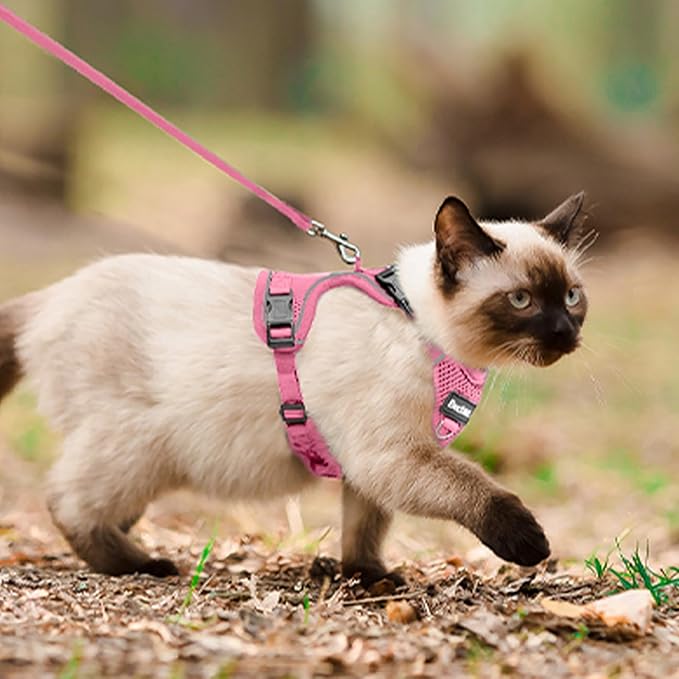 Cat Harness and Leash for Walking, The Upgrade Can be Adjusted in Four Directions and Breathable Cat Harness for Anti Escape That can be Fitted and Positioned, Reflective Strips Harness, Pink, XS
