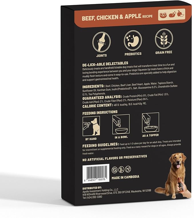 PETPHABET Lickable Squeeze Treats for Dogs, Wet Dog Food Meal Topper, Creamy Puree Dog Snacks, Puppy Pouch Treats for Training and Enrichment, Healthy Beef Chicken & Apple Recipe (8 ct/1.4 oz Each)