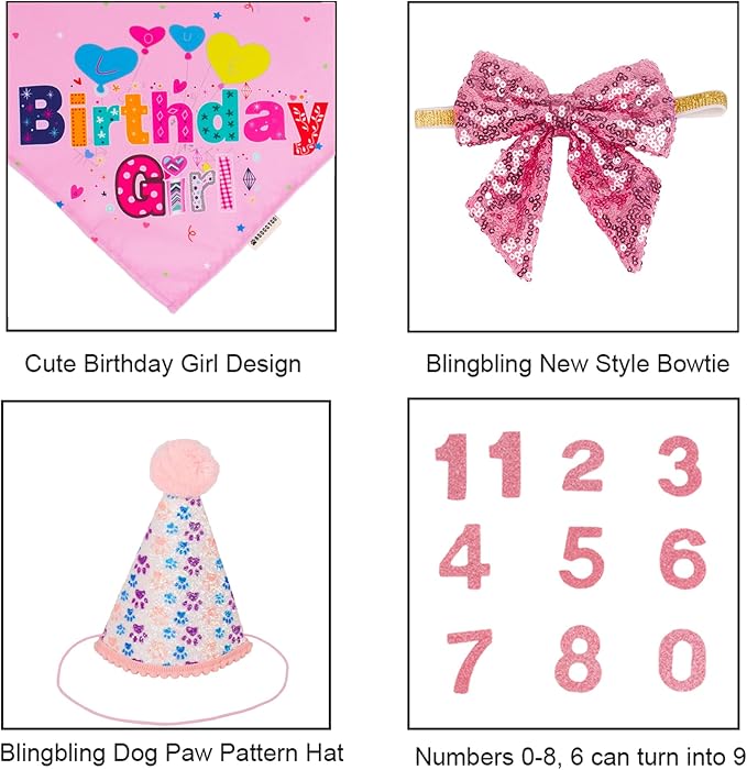 ADOGGYGO Dog Birthday Party Supplies, Pink Girl Puppy Birthday Bandana Hat Numbers Bow Set for Small Dogs Pets (Small)