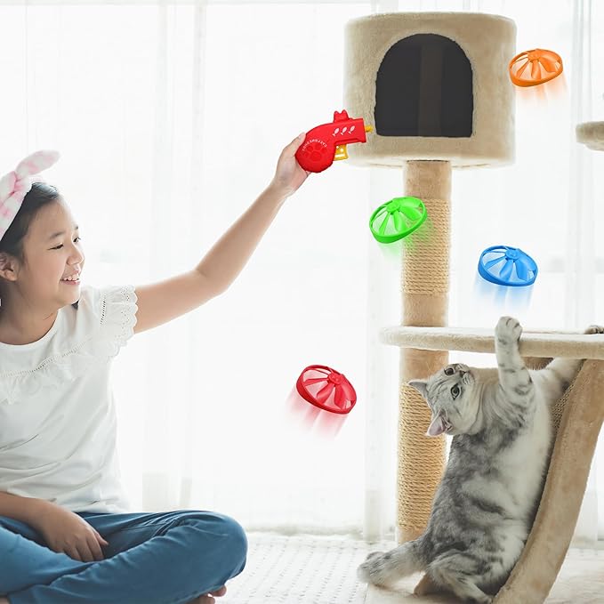 Sumind 18 Pieces Interactive Cat Fetch Tracking Toys With 5 Colors Flying Propellers for Indoor Pet Kitty Training Chasing (Red)