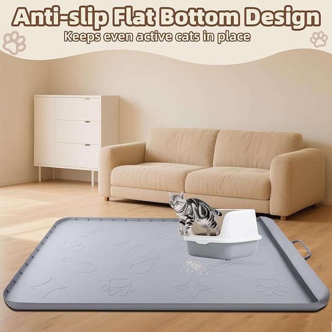 Silicone Cat Litter Mat with Collection Pocket, 42" x 28" Large Cat Litter Box Mat Waterproof Anti-Slip Litter Trapping Mat with Edge and Handle Pet Placemat for Floors (Light Grey)