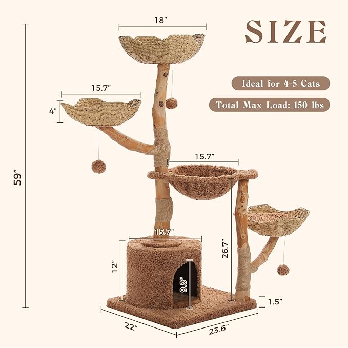 59" Cat Tree Tower with Real Solid Wood Natural Branch, Modern Cat Tree for Large Cats w/3 Handwoven Wicker Baskets- Luxury Boho Cat Furniture w/Condo & Soft Hammock, Scratching Post, Brown