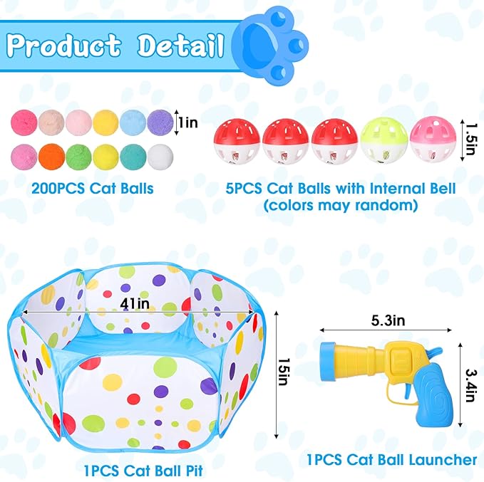 Mity rain Cat Ball Pit with Balls Included, Interactive Toy for Indoor Bored Cats with Ball Launcher, Jingle Balls and Pom Pom Balls, Cat Enrichment Toys, Kitten Toys for Self Playing Blue