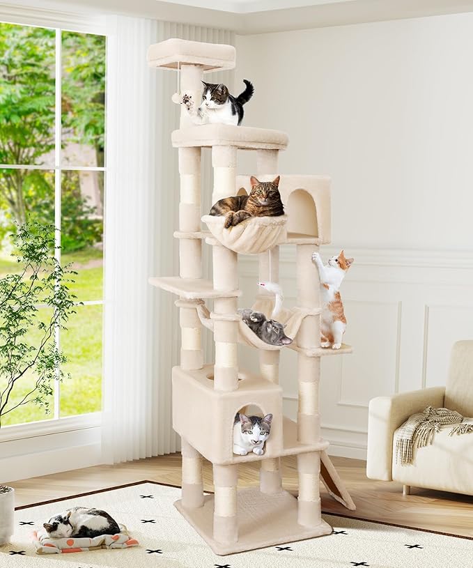 AMHANCIBLE Heavy Duty Cat Tree for Indoor Cats Large Adult 20 lbs+, 83 Inch Multi-Level Tall Cat Tower with Scratching Post and Board, Hammock, Condos, Hanging Basket, Beige, PT21BG