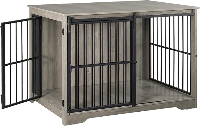 XL Large Dog Crate Furniture, 44.1" Indoor Dog Kennel Furniture with Barn Door, Wooden Tall Dog Crate, Heavy Duty Dog Cage for Large Dogs, Side End Table, Anti-Chew, Greige Black DFC80105B