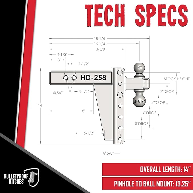 BulletProof Hitches - 2.5" Adjustable Heavy Duty Trailer Hitch (22,000 lb. Rating) - 8" Drop/Rise Trailer Hitch with 2" & 2-5/16" Dual Ball - Powder Coat, Solid Steel, Corrosion-Resistant
