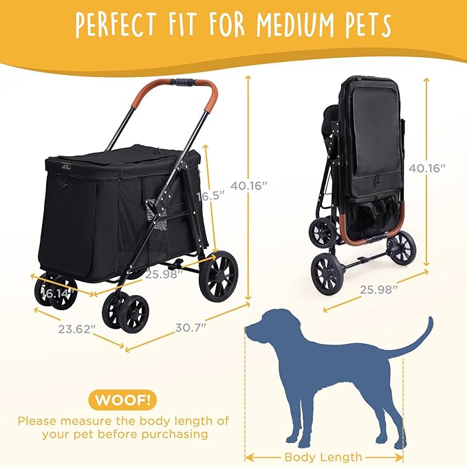 Scout Pet Stroller, 4-Wheel Design for Small/Medium Dogs - One-Button Fold, Adjustable Mesh Windows & Shades, 360° Swivel Front Wheels, Rear Wheel Brake for Safety, Black